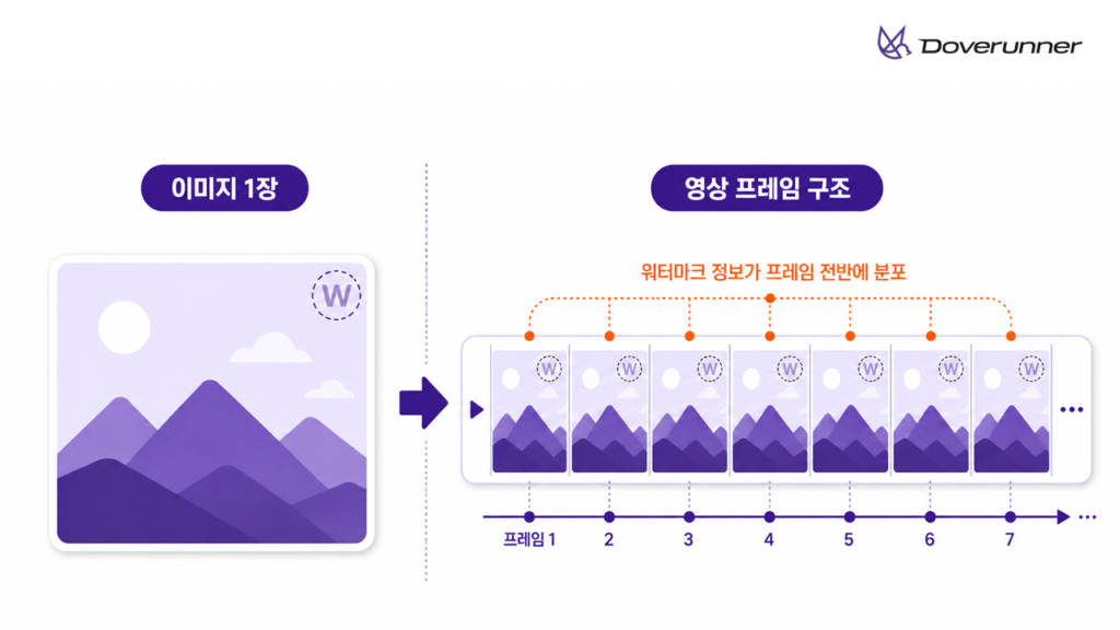 이미지 1장과 여러 프레임으로 구성된 영상에서 포렌식 워터마크 정보가 다르게 분포되는 구조를 비교한 인포그래픽